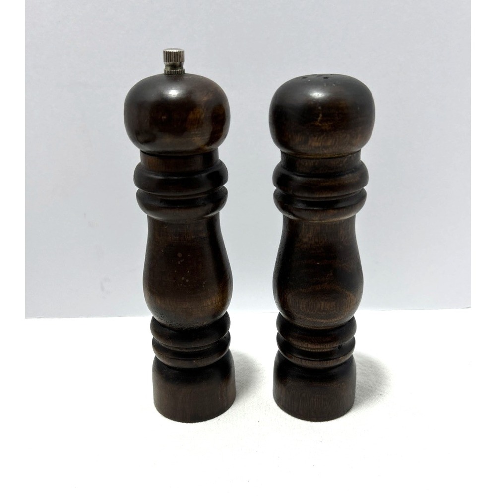 Vintage Wood Salt & Pepper Shakers Set of 2 Dark Brown Made in Taiwan 6"
